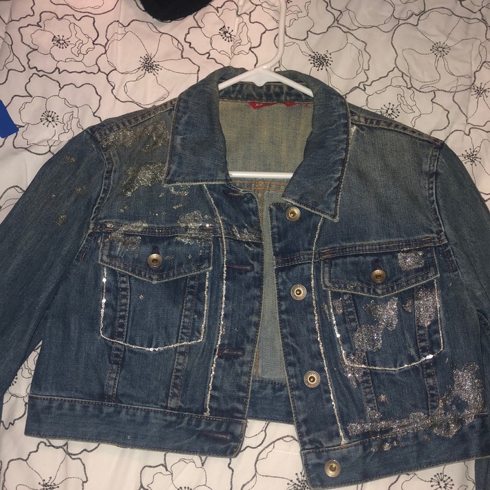 Express crop embellished/painted jean jacket